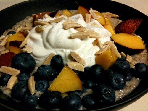 Oats topped with blueberries, nectarine, almonds and (my new favorite topping thanks to Silver Diner) oikos w/ cinnamon