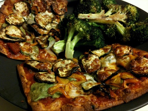 Flat bread pizza with roasted zucchini, onion and orange pepper (almost exactly like Bertucci's Tucci) and sauteed broccoli
